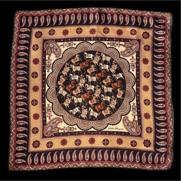 Salvatore Ferragamo Accessories - Vintage Salvatore Ferragamo Silk Equestrian And Paisley Themed Scarf 16.5”x16.5”